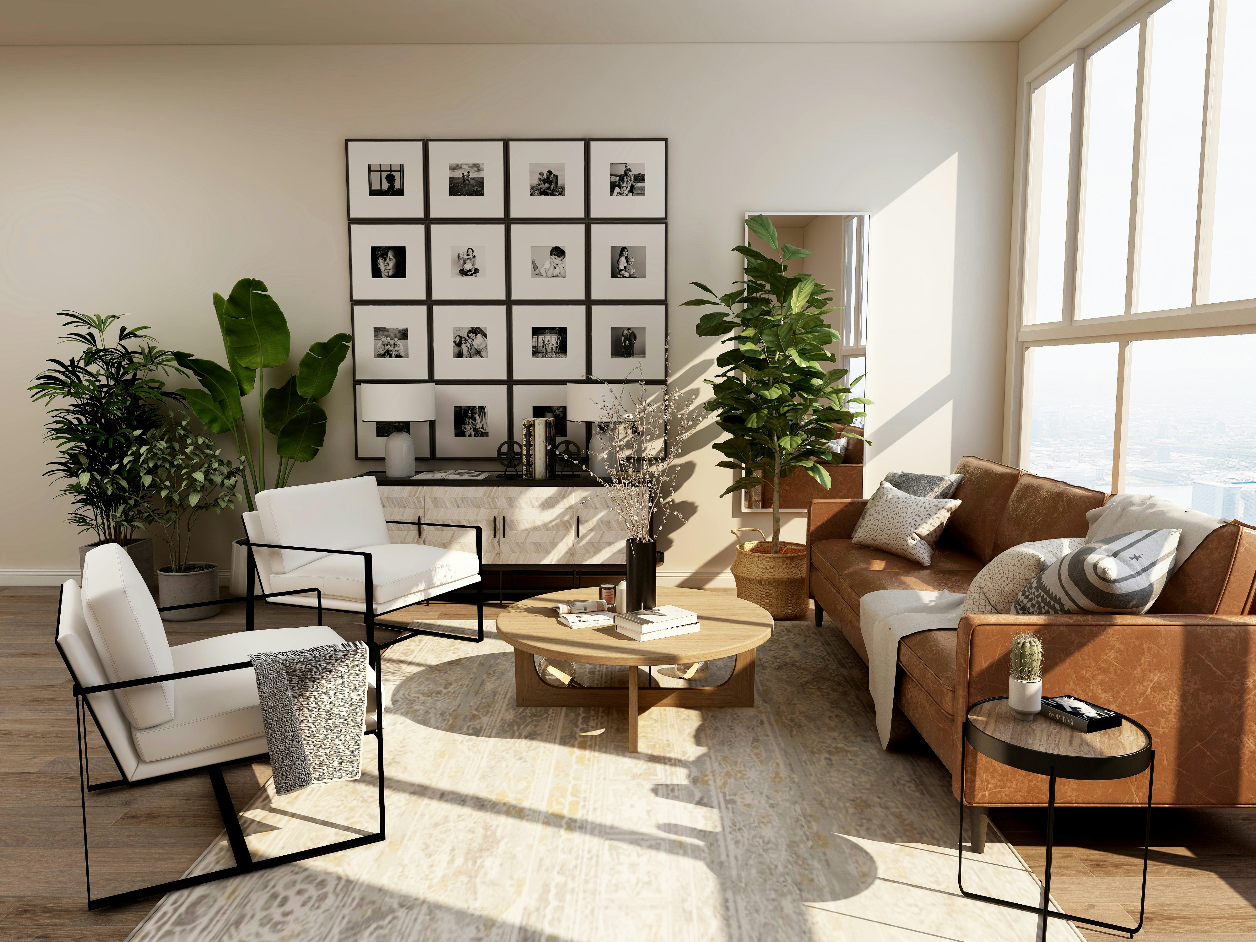Warm modern living room with large-scale art and natural textures